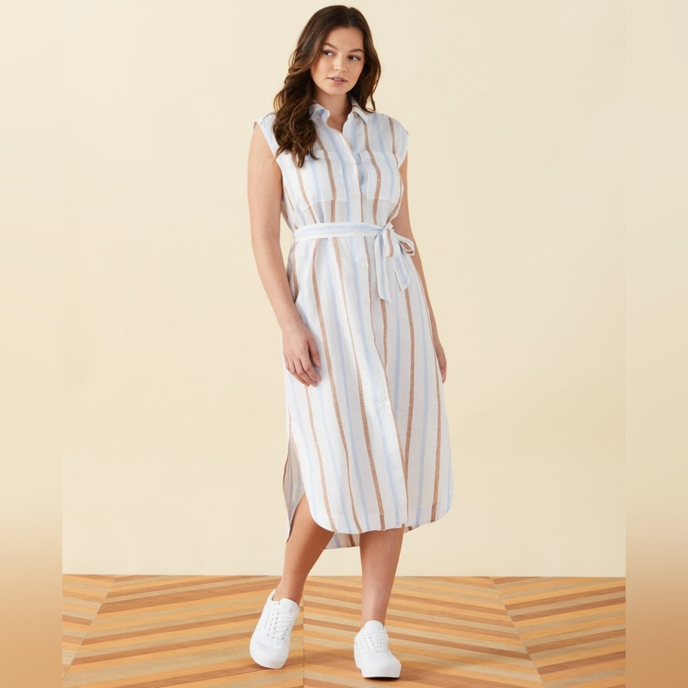 Rafaella White Stripe 100% Linen Belted Sleeveless Shirt Dress Midi Plus Size 2X